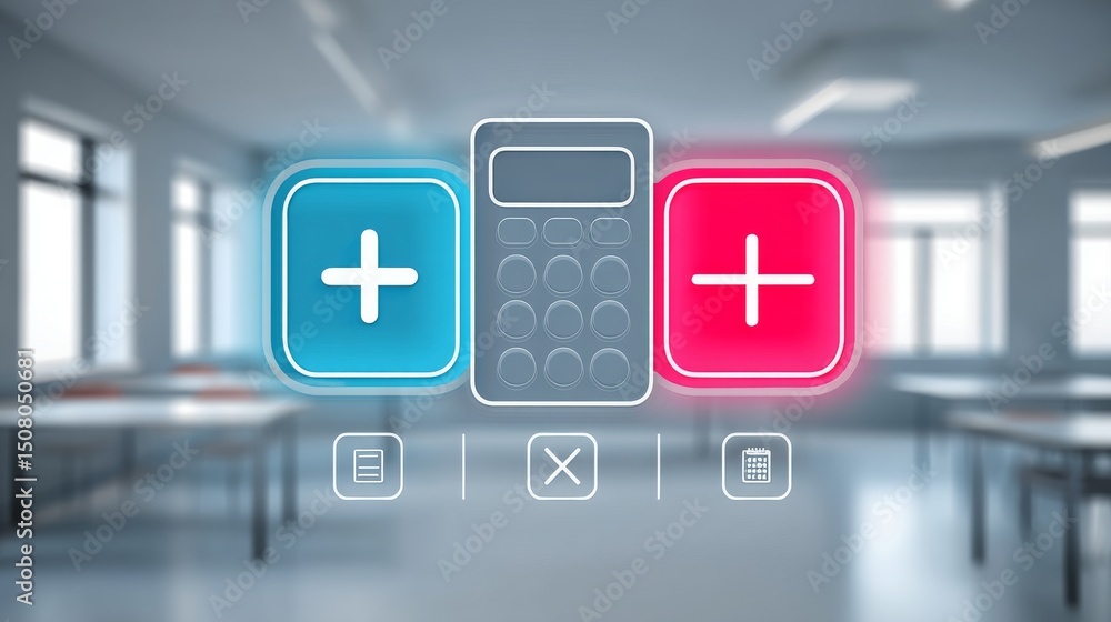 Aufkleber a digital calculator interface with plus icons in a modern workspace environment.