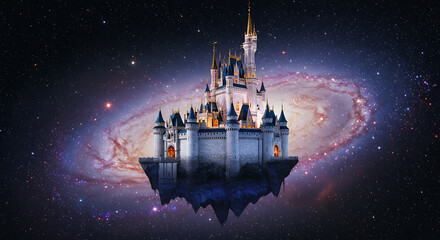 Fairytale Castle Floating in Space Cosmic Galaxy Background Fantasy Illustration