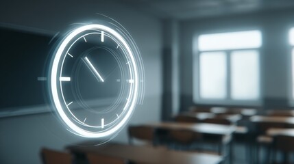 A digital clock displays time in a modern classroom environment with desks.
