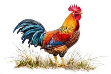 Fototapeta premium Colorful rooster standing in grass.