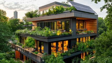 A modern eco friendly residential building with solar panels on the rooftop surrounded by lush greenery and vegetation showcasing a sustainable approach to urban living