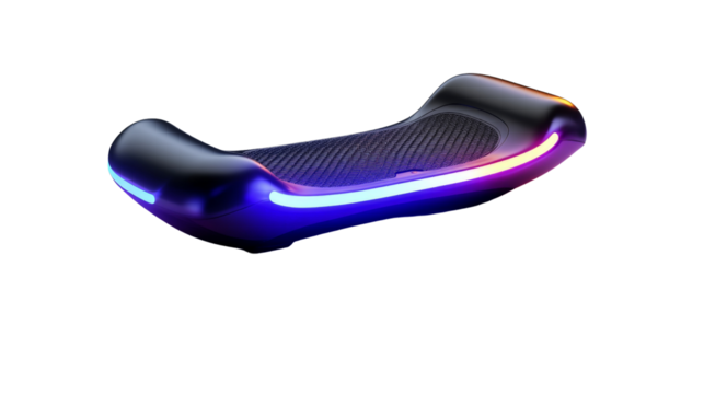 A hoverboard with LED lights, representing modern personal transportation, Transparent background, PNG file
