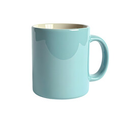 A light blue ceramic mug with a handle and a beige interior on a dark background in a studio shot isolated on transprent background
