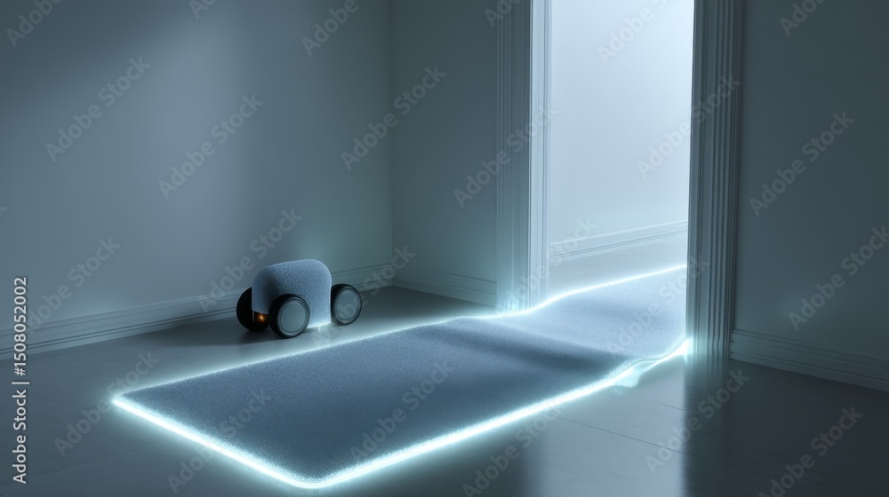 Poster a futuristic robot guides the way with light in a modern, minimalistic room.