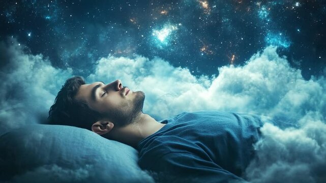 Man Dreaming in Cosmic Clouds Under Night Sky