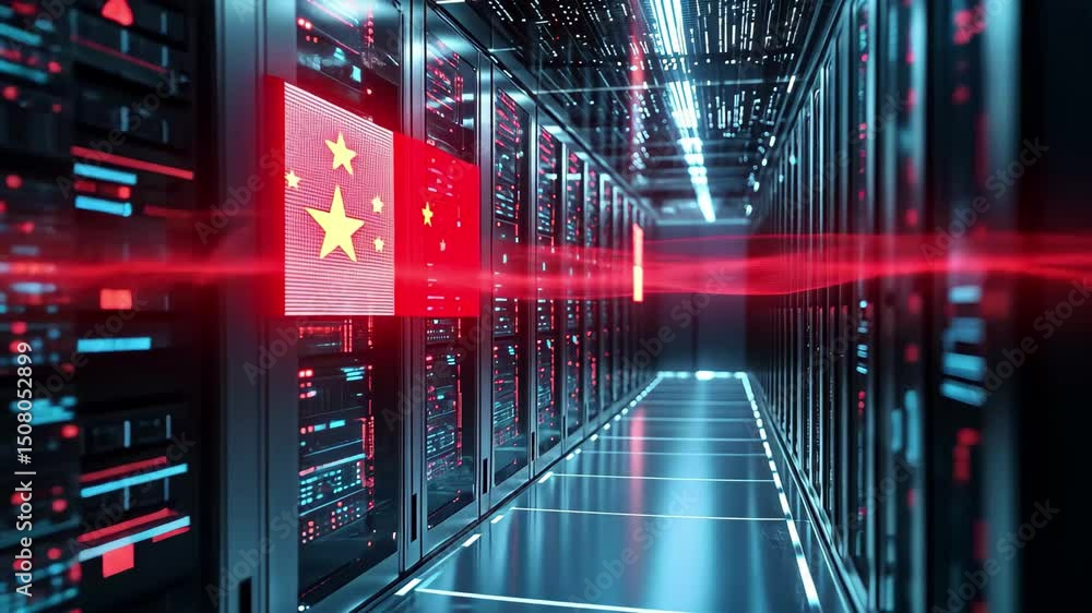 Poster digital data processing within a server room featuring the flag of china amidst glowing network line