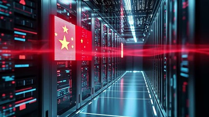 Digital data processing within a server room featuring the flag of China amidst glowing network lines, flag of china and digital data processing over computer servers - Powered by Adobe