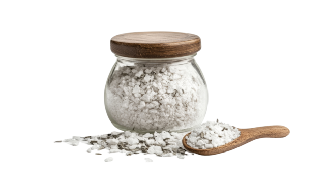 A jar of magnesium bath flakes for muscle relaxation, Transparent background, PNG file