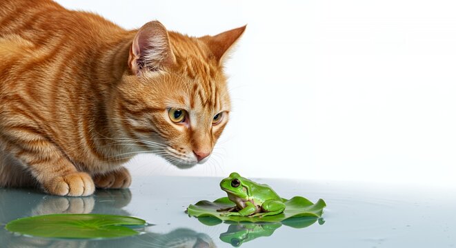 Orange Cat Stares Intently at Green Frog on Lily Pad in Puddle Isolated on White Background Close Up Shot