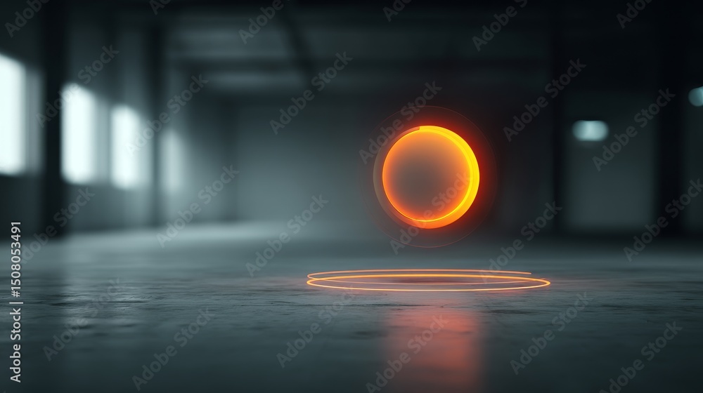 Poster a glowing orange sphere hovering above a circular outline in a modern space.