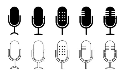 Microphone icon pack, Flat and line art microphone vector icons set,  Vector  audio podcast  elements collection.