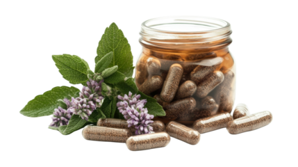 A jar of natural herbal supplements in capsule form, Transparent background, PNG file