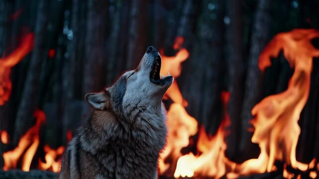 Wolf howling amidst encroaching forest flames in wilderness tension scene