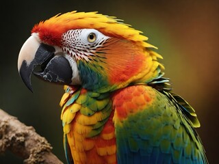 Obraz premium Colorful macaw parrot with vibrant red, yellow and green plumage in close-up portrait showing detailed feathers and beak