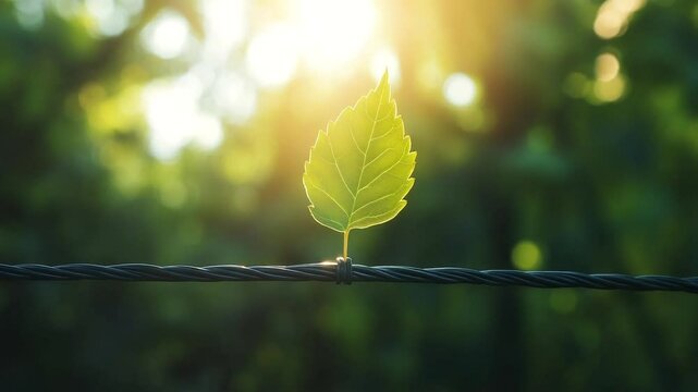 A single green leaf perched on barbed wire, illuminated by warm sunlight in a serene background