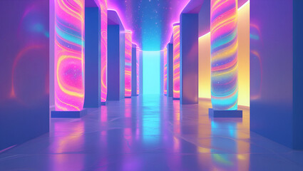 Vibrant abstract hallway with glowing rain ai genrative