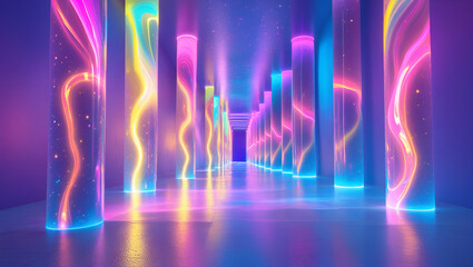 Vibrant abstract hallway with glowing rain ai genrative