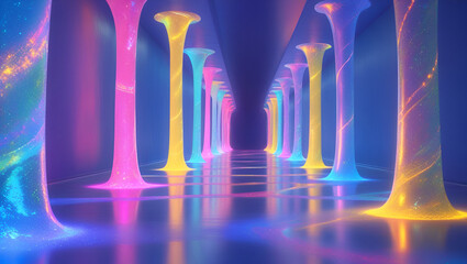 Vibrant abstract hallway with glowing rain ai genrative