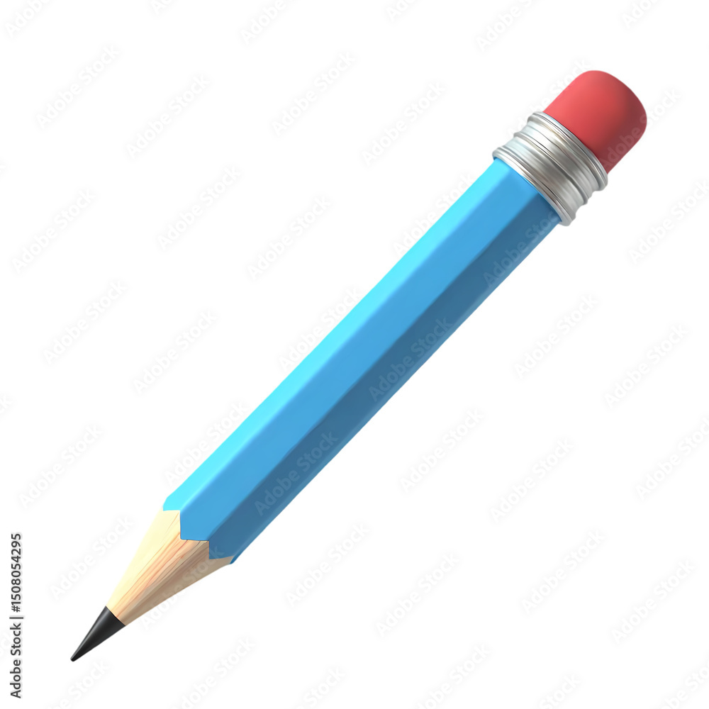 Poster a single blue pencil with a pink eraser and a sharpened tip on a plain black background studio shot 