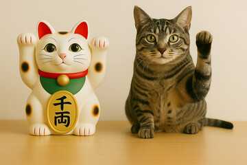 Tabby Cat Mimicking a Maneki-neko Holding a “Senryou” Coin – Generative AI