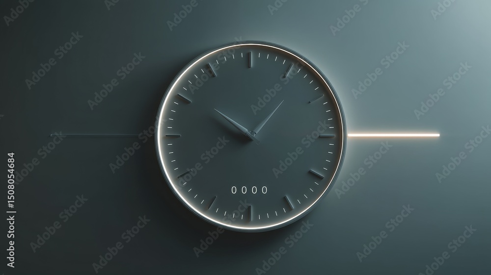 Poster a modern clock displaying time in a sleek, minimalistic design on a dark background.