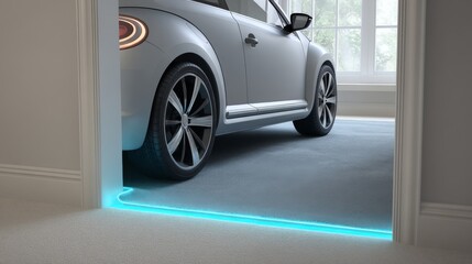 Fototapeta na wymiar A modern car parked inside a stylish room with glowing floor accents.