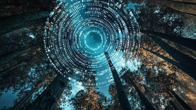 Circular data processing visualized through binary code in an expansive forest at night, Binary code and circular data processing over night sky with trees