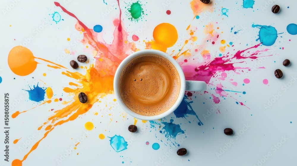 Poster a vibrant espresso cup in the center of the frame surrounded by a dynamic colorful abstract paint sp