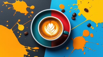 Obraz premium A vibrant espresso cup with a beautifully crafted latte art surrounded by a dynamic and colorful abstract splash on a minimalist background