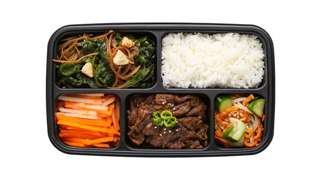 Korean dosirak lunchbox with kimchi, bulgogi beef, seaweed rice, and pickled vegetables, isolated on transparent background.