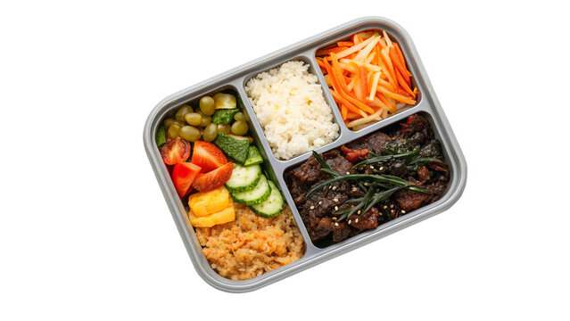 Korean dosirak lunchbox with kimchi, bulgogi beef, seaweed rice, and pickled vegetables, isolated on transparent background.