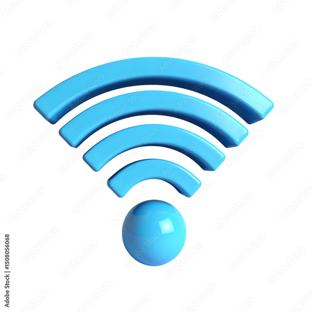 Poster a blue wifi symbol with curved lines and a sphere on a black background in a digital rendering isola