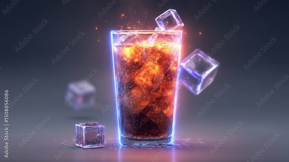 Poster a refreshing glass of cola with ice cubes, illuminated with colorful effects.