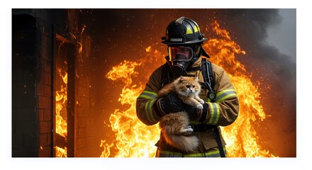 Brave Firefighter Rescuing an Orange Cat Amidst Flames and Smoke Isolated on White in Detailed Protective Gear
