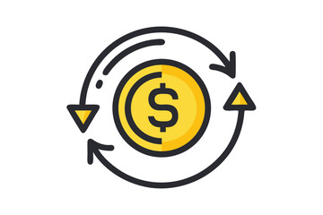 Yellow dollar coin icon is circulating in a black arrow direction