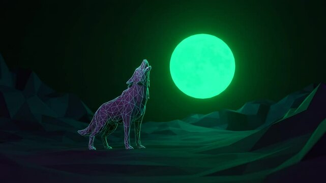 A stylized wolf howling at a bright green moon in a low-poly landscape at night