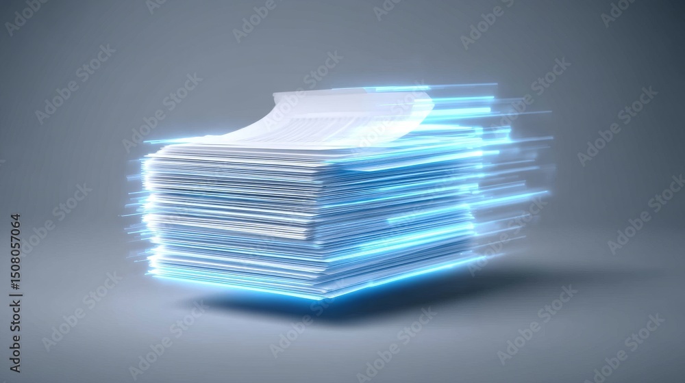 Poster a stack of papers with a glowing effect, symbolizing productivity and innovation.
