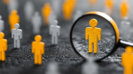 A conceptual graphic featuring a yellow human icon inside a magnifying glass, set among a field of white icons on a neutral grey background. Generative AI