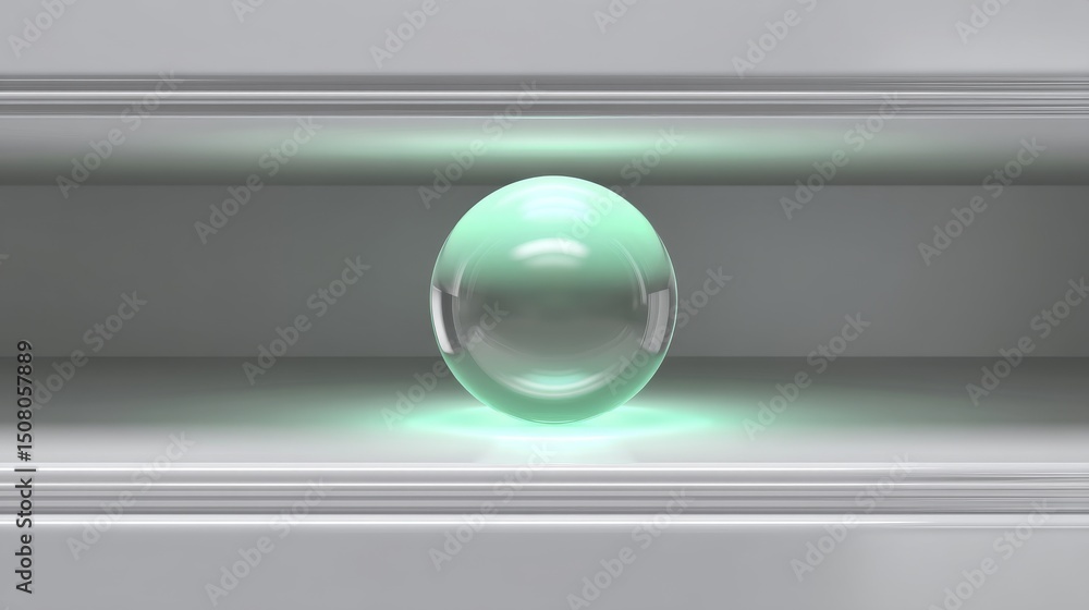 Poster a translucent sphere illuminated with a soft green glow on a sleek background.