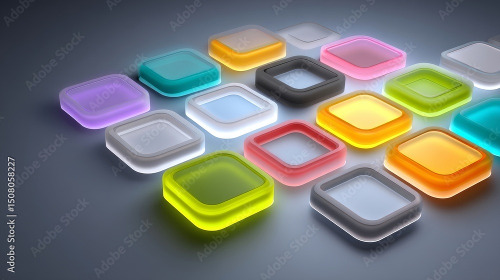 Poster a vibrant array of colorful, translucent icons arranged artistically on a dark background.