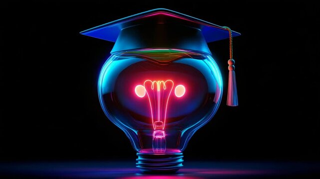 A vibrant glass trophy symbolizing education with a graduation cap, glowing in neon colors