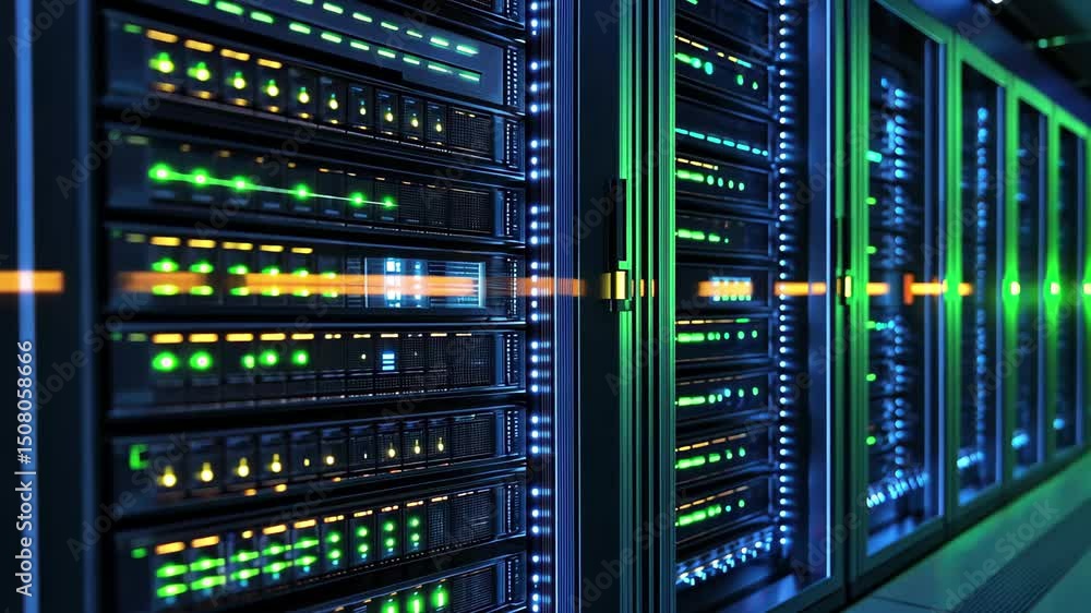 Poster digital data processing and management in a modern server room with vibrant led indicators enhancing