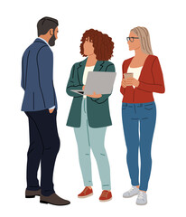 Different business team members standing, talking, communicating, taking part in business activities, meeting, brainstorming, coffee break. Multiracial people vector illustrations isolated.