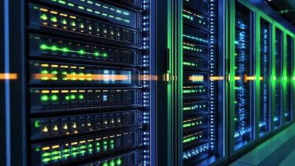 Digital data processing and management in a modern server room with vibrant LED indicators enhancing visibility, 6g text and digital data processing over computer servers - Powered by Adobe