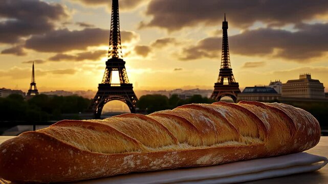 Enjoying a freshly baked baguette with a view of the Eiffel Tower at sunset in Paris, Freshly baked baguette on table with Eiffel Tower in background at sunset