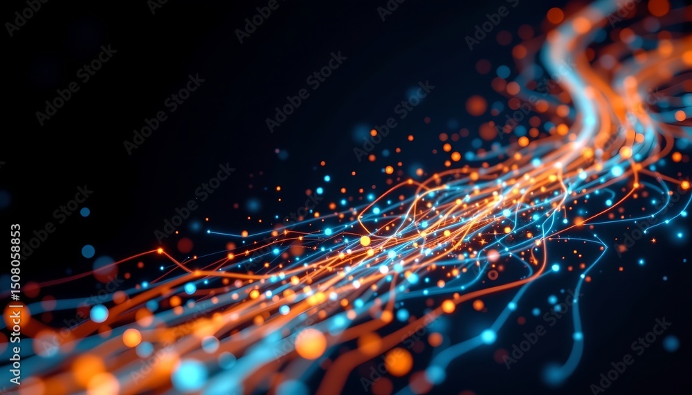 Poster dynamic flow of blue and orange light particles abstract technology art digital environment close-up