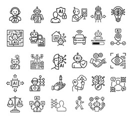 Agentic ai icon set with ethical robot handshake brain and technology concept line art