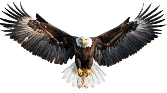 A majestic bald eagle with wings fully extended in flight,Transparent background, PNG file