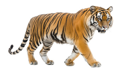 Fototapeta premium A majestic tiger walking cautiously with its muscles rippling,Transparent background, PNG file