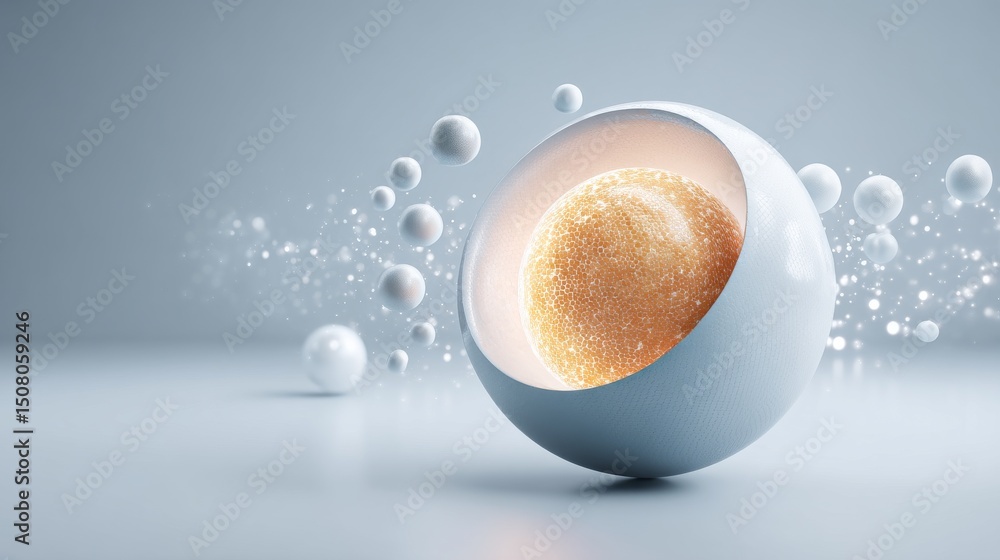 Poster abstract design featuring a glowing sphere surrounded by floating bubbles and light.